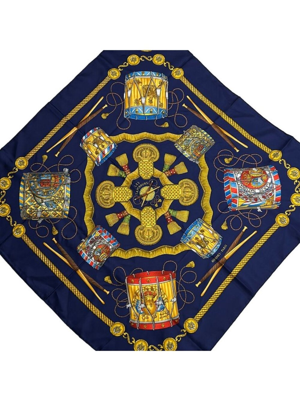 Hermes Scarf Carre 90 Navy Yellow Multi Les Tambours Silk